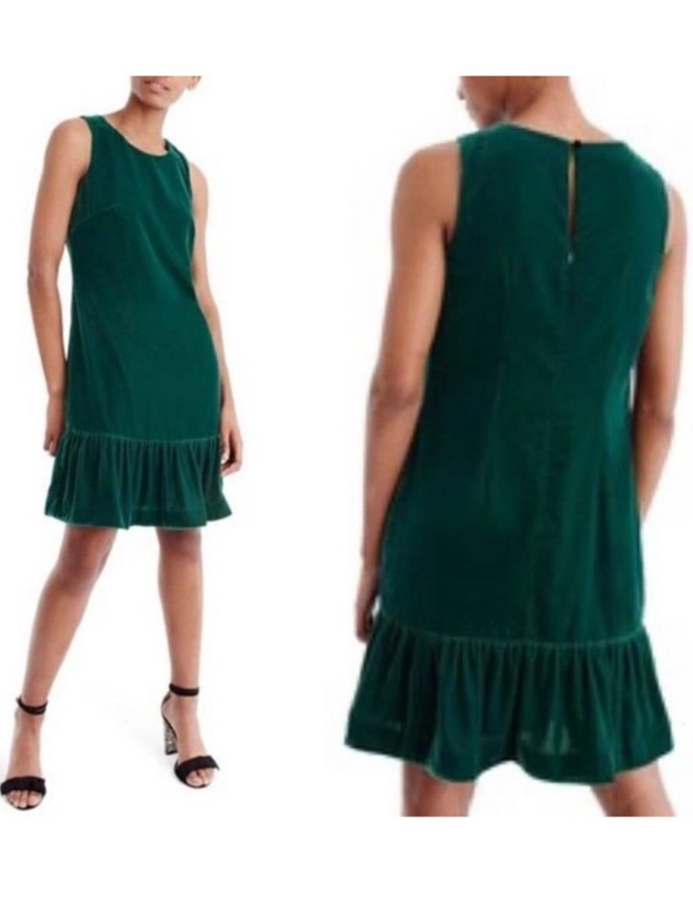 J.Crew Green Velvet Velour Ruffle Hem Sleeveless Cocktail Knee Length Dress SZ 4